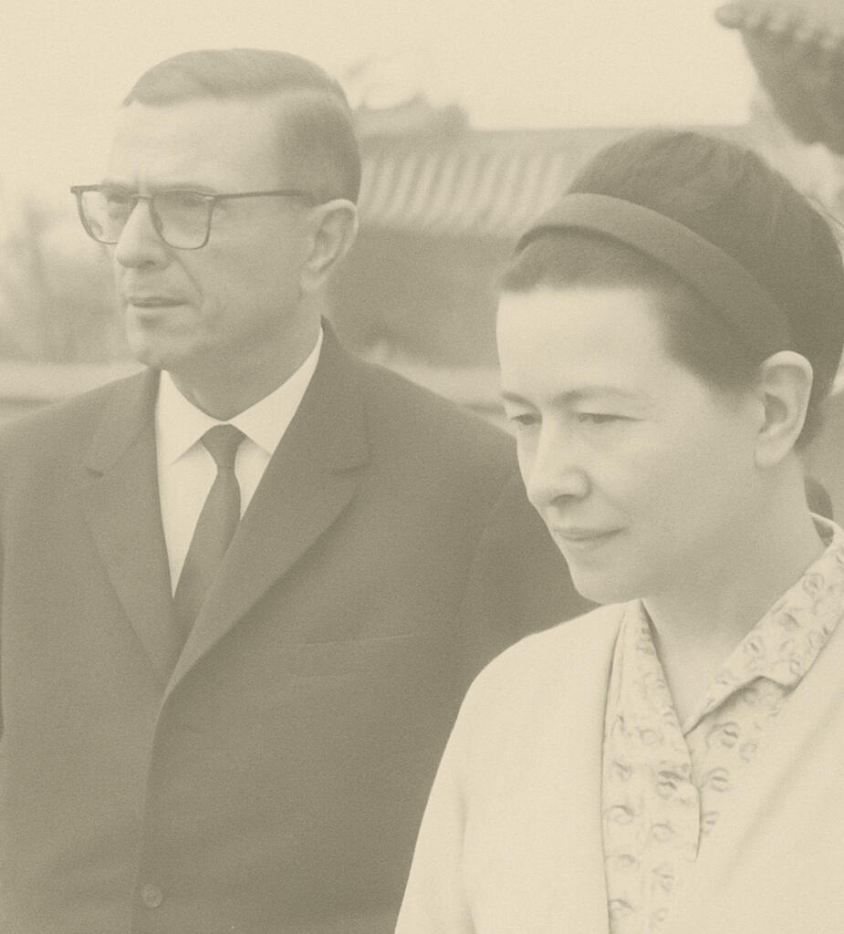 Simone de Beauvoir and Jean-Paul Sartre observing a political rally in Beijing, 1955 — a moment of reflection amid systems at play.